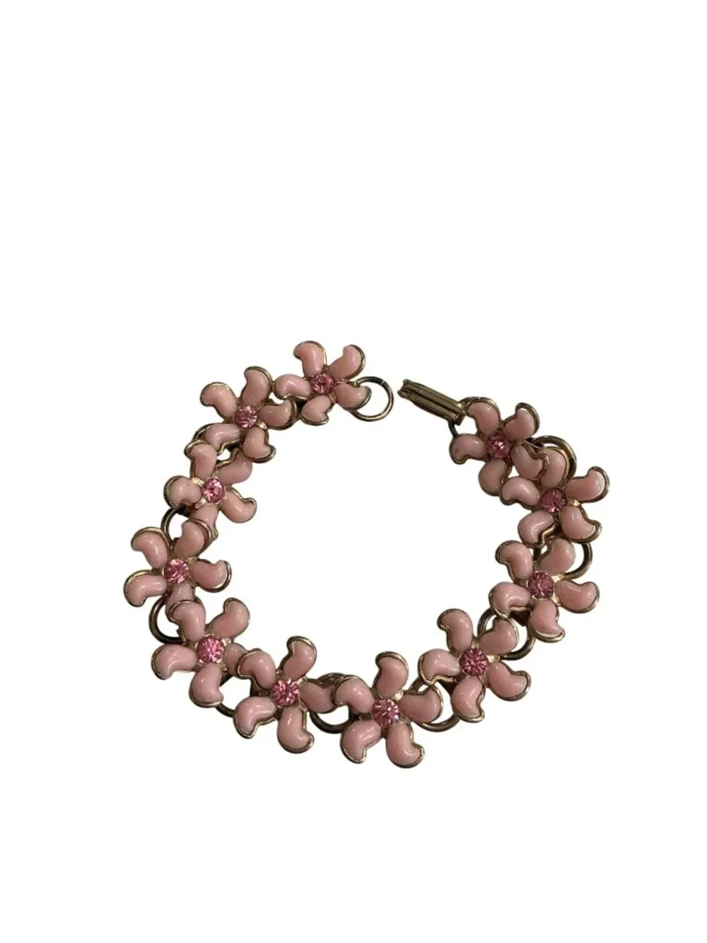 Vintage Pink Floral Link Bracelet 7.5 Inches With Rhinestone Accents  Gold-Tone